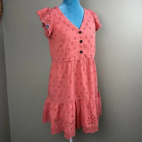 LOFT Ann Taylor Dress Women 2P Mini, Eyelet, Embroidered Peach Coral Lined - Picture 8 of 14